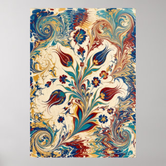 Türkische Ebru-Marmorierte Blumenwirbel-Kunst Poster