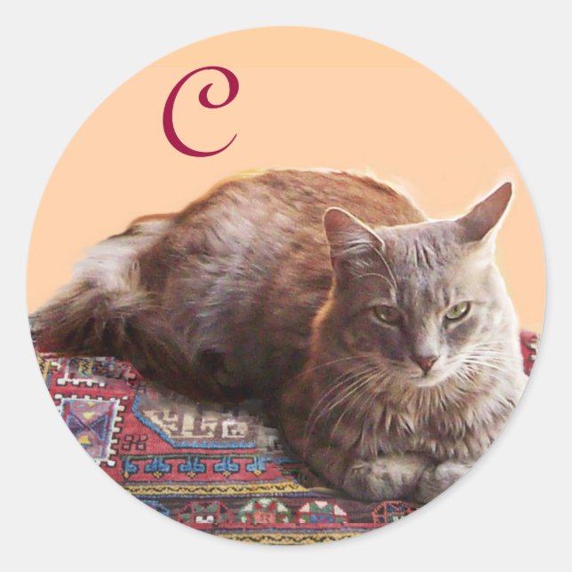 TÜRKISCHE KATZE AUF DEM ALTCARPET-MONOGRAM RUNDER AUFKLEBER (Vorderseite)