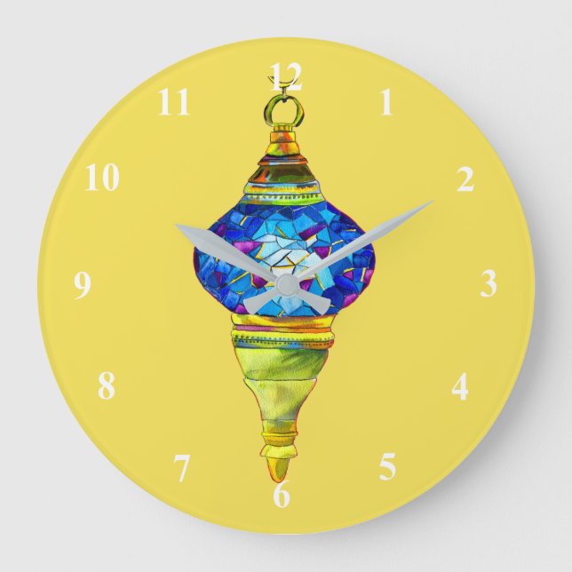 Türkische Lampen blaue Mosaik Aquarellkunst Große Wanduhr (Vorderseite)