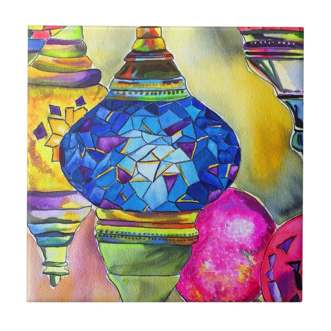 Türkische Lampen Mosaik Aquarell feine Kunst Fliese (Vorderseite)