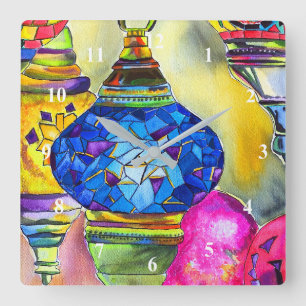 Türkische Lampen Mosaik Aquarell feine Kunst Quadratische Wanduhr