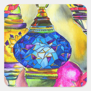 Türkische Lampen Mosaik Aquarell feine Kunst Quadratischer Aufkleber