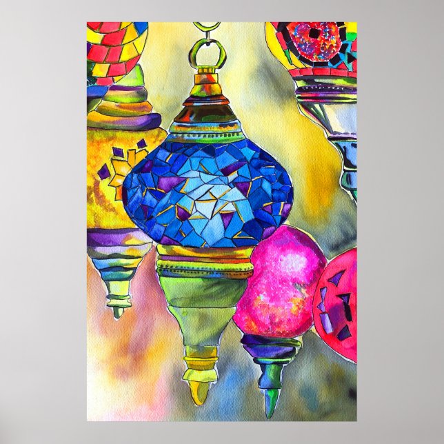 Türkische Lampen Mosaik Aquarell Kunst Poster (Vorne)