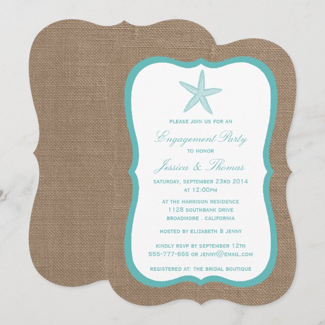 Türkische Starfish Burlap Beach Engagement Party Einladung (Vorne/Hinten)