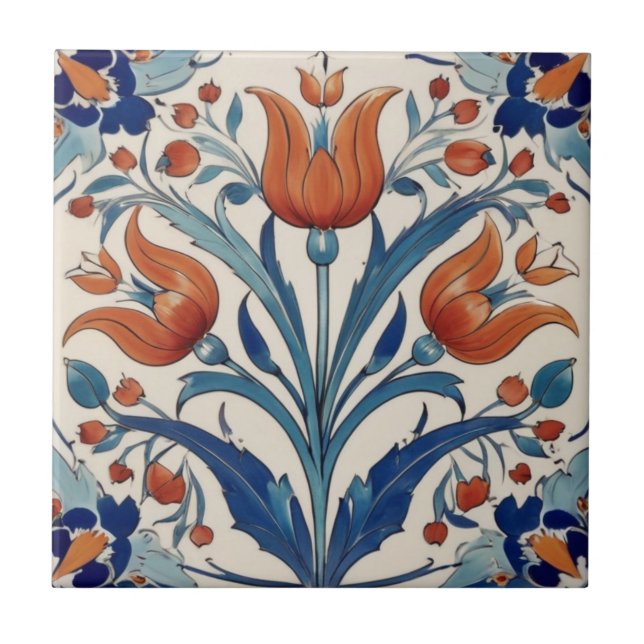 Türkische Tulips Floral Orange Green Iznik Blume Fliese (Vorderseite)