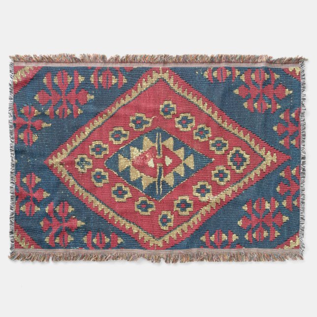 Türkischer Kilim Tepet Rug Antique Red Blue Decke (Vorderseite)