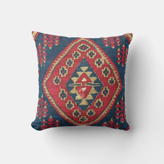 Türkischer Kilim Tepet Rug Antique Red Blue Kissen (Vorderseite)