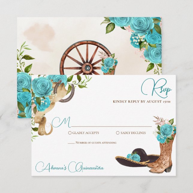 Türkischer Ozean Blauer Charro Western Quinceanera RSVP Karte (Vorne/Hinten)