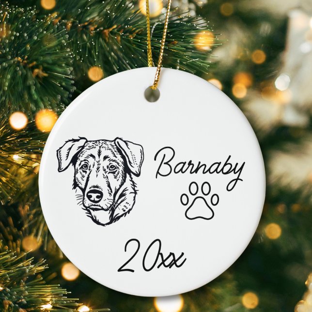 Türkischer Schäferhund Hund Individuelle Name & Ja Keramik Ornament (Turkish Shepherd Dog Custom Name and Year Ornament with Paw Print. Black and White Line Art Modern)