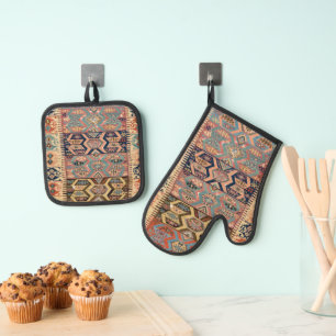 Türkischer Teppich-Roulette Antik Kilim Ofenhandschuh & Topflappen-Set