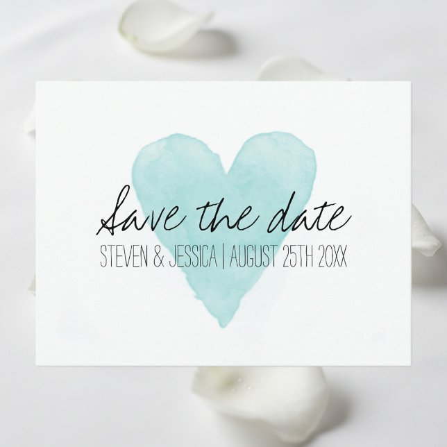 Türkisches Aquarellherz Save the Date Postkarten (save the date postcard with aqua blue heart)