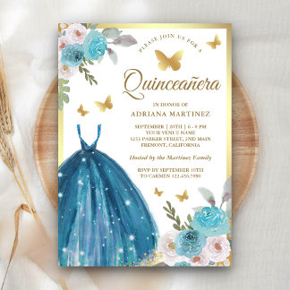 Türkisches Blumenkleid Butterfly Gold Quinceanera Einladung