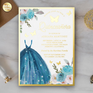 Türkisches Blumenkleid Butterfly Quinceanera Gold Folieneinladung