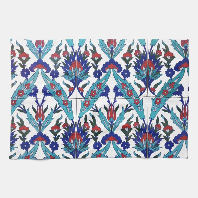 Türkisches Iznik Anatolia florales Mosaikmuster Geschirrtuch (Horizontal)