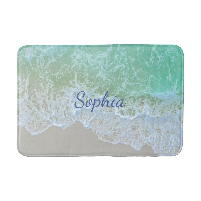 Türkise Beach Wave, Blue Script Name oder Monogram Badematte (Vorderseite)