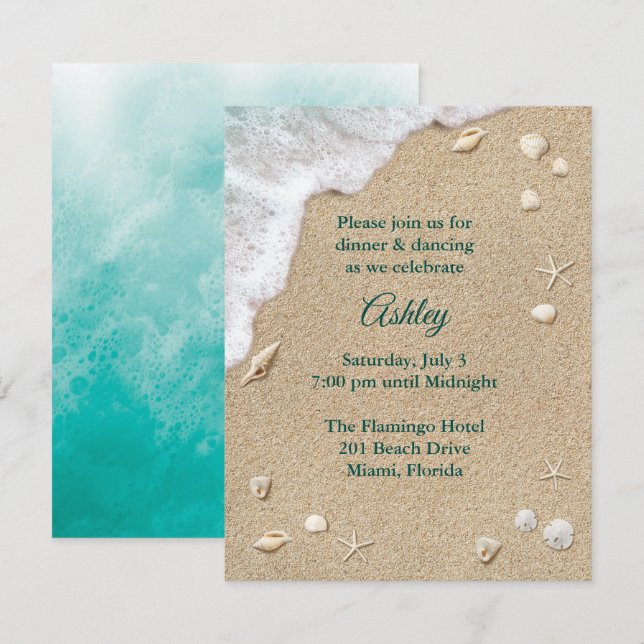 Türkise Beach Waves Bat Mitzvah Empfang Einladung (Vorne/Hinten)