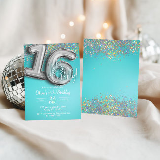 Türkise blaue Glitter 16. Einladung