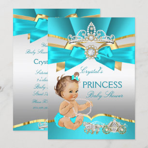 Türkise Blaue Gold Prinzessin Baby Shower Brünette Einladung