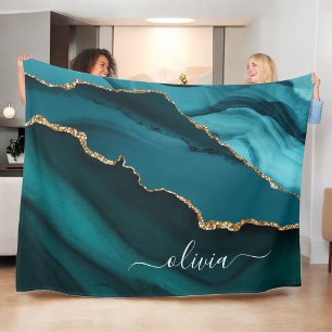 Türkise Blaue Grüne Achat-Geode Gold Monogramm Fleecedecke