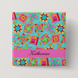 Türkise Blue Patchwork Quilt Blocks Name Abzeichen Button