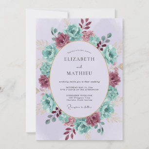 Türkise burgunderrote Blumenkranz-Hochzeit Einladung