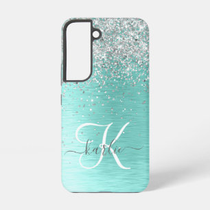 Türkise Bürstenmetall-Silber-Glitzer-Monogramm-Nam Samsung Galaxy Hülle