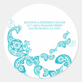 Türkise Floral Peacock Address Label Runder Aufkleber
