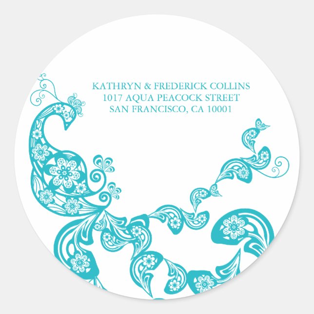 Türkise Floral Peacock Address Label Runder Aufkleber (Vorderseite)