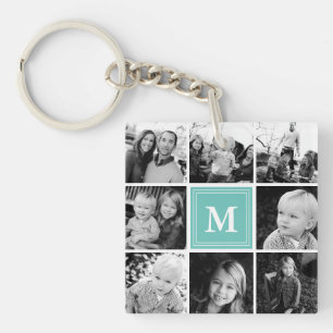 Türkise Foto-Collage mit Familienbildern und Monog Schlüsselanhänger