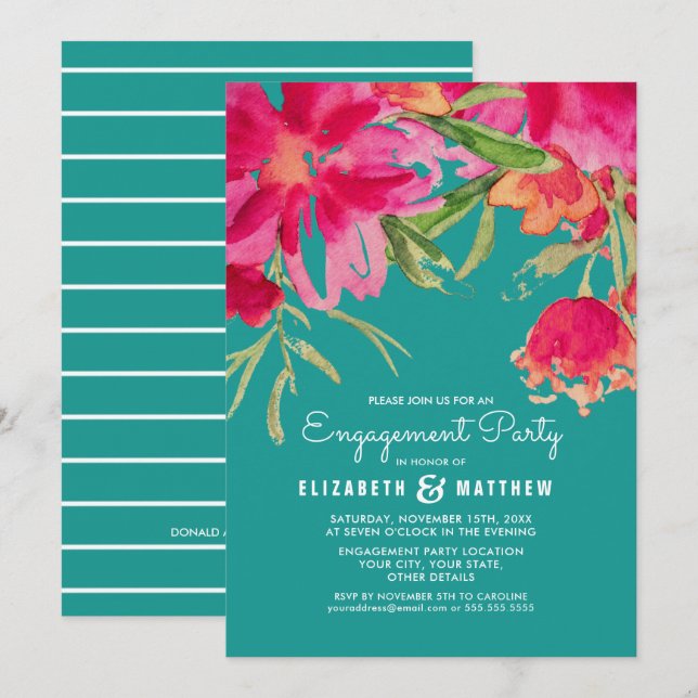 Türkise Fuchsia Floral Engagement Party Einladung (Vorne/Hinten)