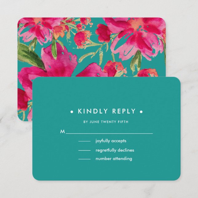 Türkise Fuchsia Floral Wedding RSVP Cards (Vorne/Hinten)