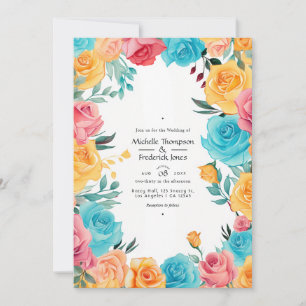 Türkise, gelbe und rosa Blumenhochzeit Einladung