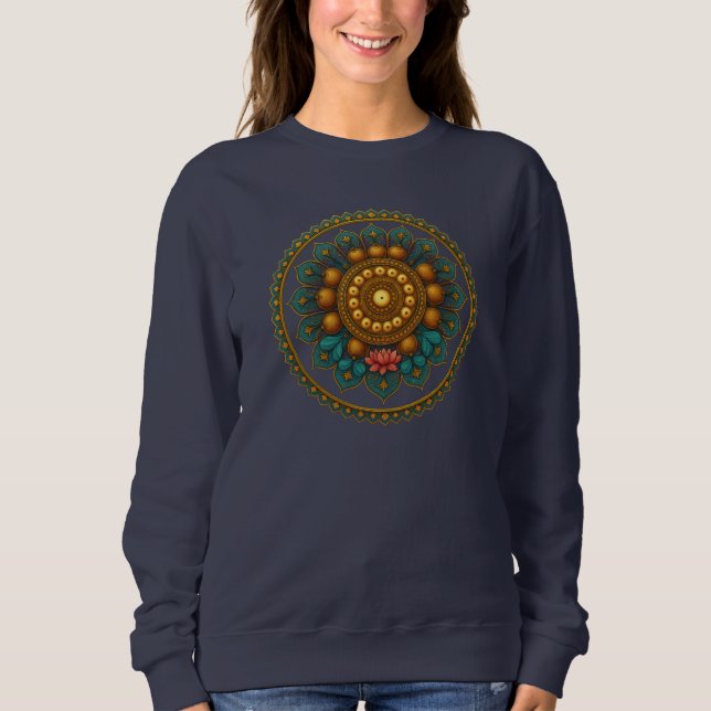 Türkise Gold-Lotos-Mandala -Boho-Fantasie-Grafik Sweatshirt (Vorderseite)