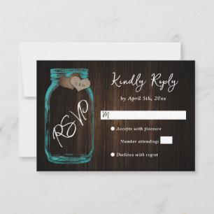 Türkise Hochzeit mit Mason-Krug, Holz und Jute-Her RSVP Karte