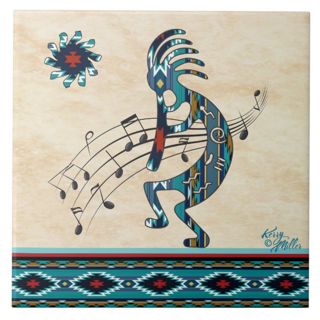 Türkise Kokopelli Keramik Fliese (Vorderseite)