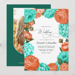 Türkise & Korallen Hochzeit im Blumenstil Einladung