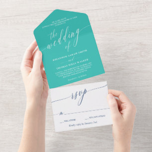 Türkise Navy Weiße Zarte Kalligrafie Hochzeit All In One Einladung
