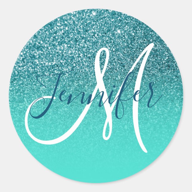 Türkise Ombre Aquamarine Imitate Glitzer Mit Monog Runder Aufkleber (Vorderseite)