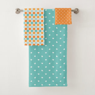 Türkise orange Herzen quadratisches Retro-Muster Badhandtuch Set
