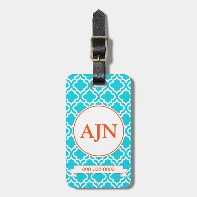 Türkise Orange Monogram Gepäckchen Gepäckanhänger (Vorderseite vertikal)