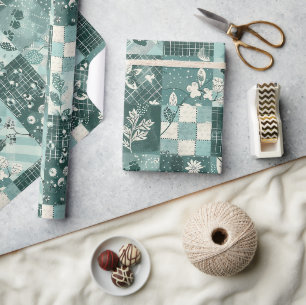 Türkise Patchwork-Quilt-Gingham-Cottagecore-Blumen Geschenkpapier