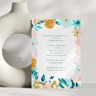 Türkise Rosa Gold Aquarell Blumen Verlobungsfeier Einladung
