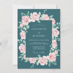 Türkise Rosa Wasserfarben Florale Hochzeit Einladung