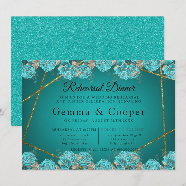 Türkise Rose Goldene geometrische Probe Abendessen Einladung (Vorne/Hinten)