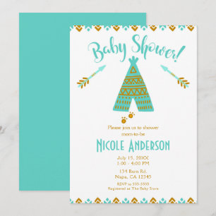 Türkise Teal- und Gold-Tepee-Moderne Babyparty Einladung