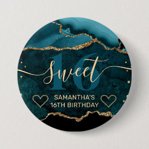 Türkise und goldene Glitter-Achat-Marmor-Sweet-16 Button