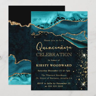 Türkise und goldene Glitter-Achat-Quinceanera Einladung