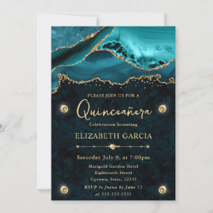 Türkise und goldene Glitter Elegante Quinceanera Einladung
