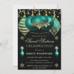 Türkise und goldene Glitterkugeln Sweet Sixteen Einladung