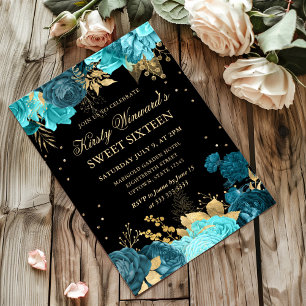 Türkise und goldene Rosen Florale Sweet Sixteen Einladung